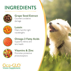 Ocu-GLO Vision packaging emphasizes vet recommendation and quality ingredients.
