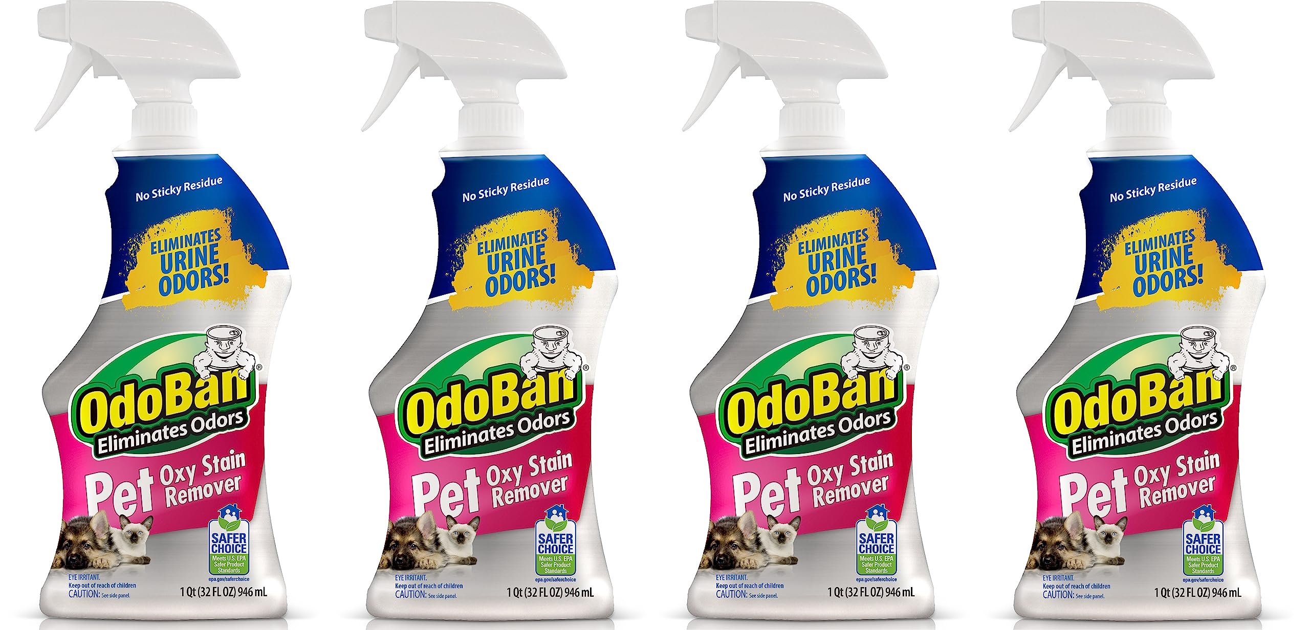 OdoBan Pet Solutions Oxy Stain Remover bottle shows powerful stain lifting on fabrics.