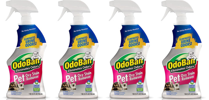 OdoBan Pet Solutions Oxy Stain Remover bottle shows powerful stain lifting on fabrics.