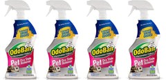 OdoBan Pet Solutions Oxy Stain Remover bottle shows powerful stain lifting on fabrics.