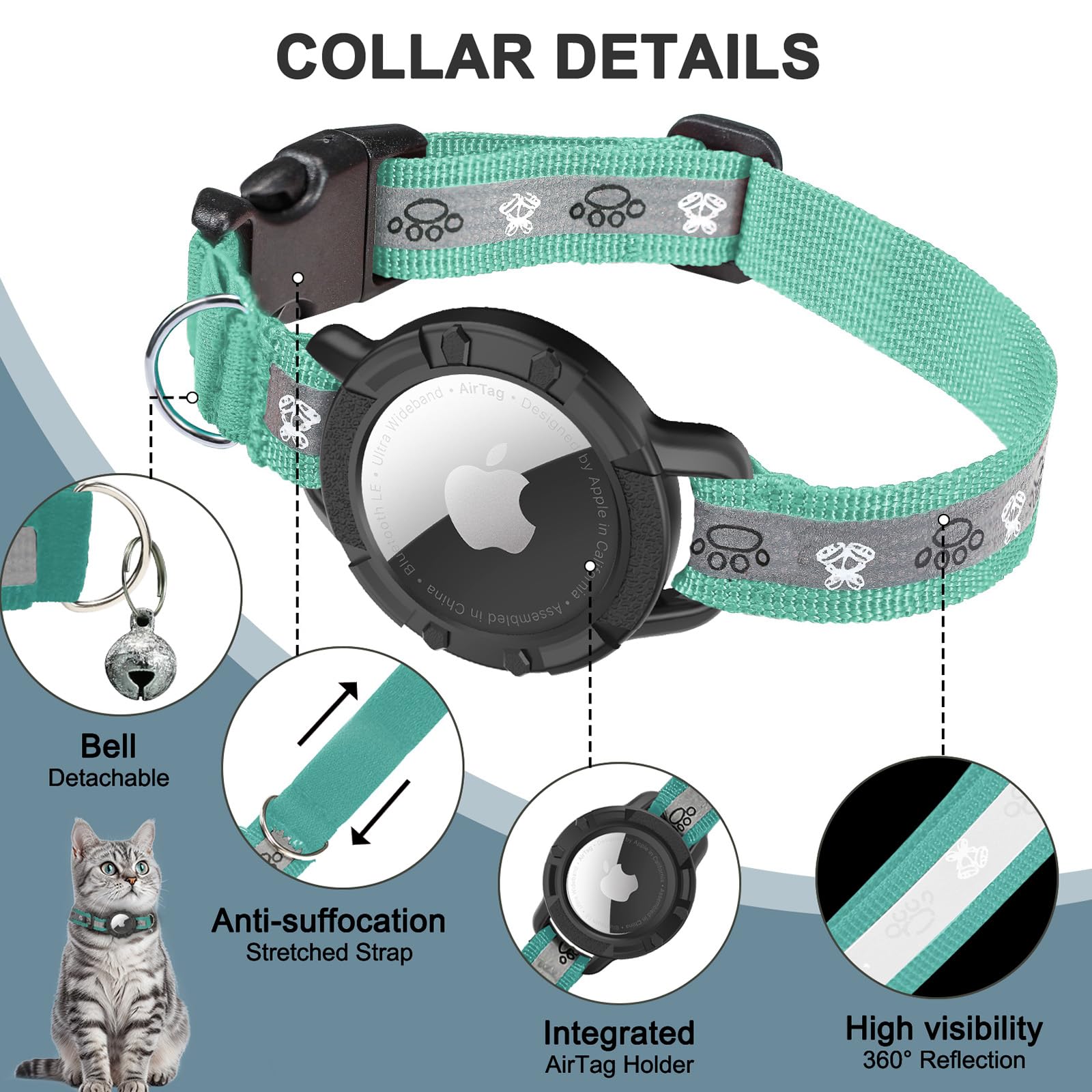 Odokele AirTag cat collar lightweight TPV holder for comfort.