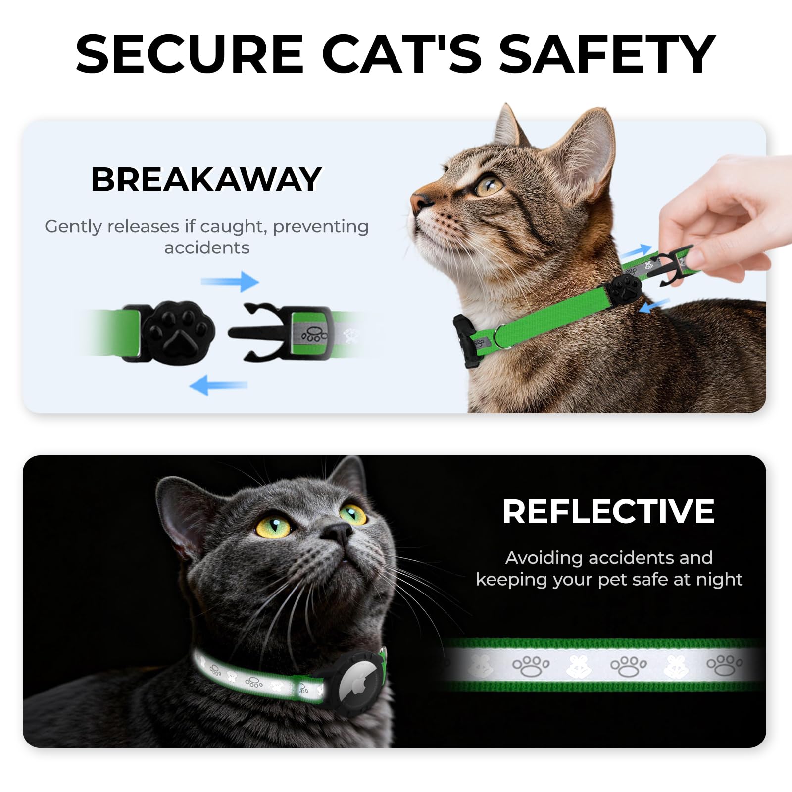 Odokele AirTag cat collar showing reflective strips for night visibility