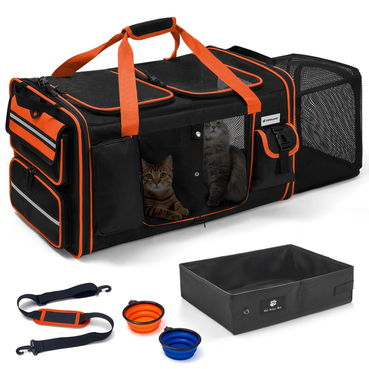 Odoland expandable XL cat carrier offering space for two cats on the go
