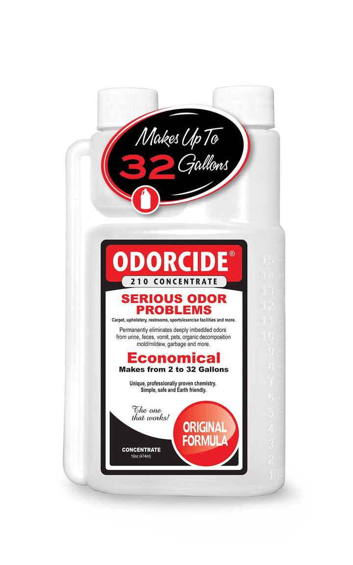 Odorcide 210 bottle close-up showing potent non-enzymatic odor control.