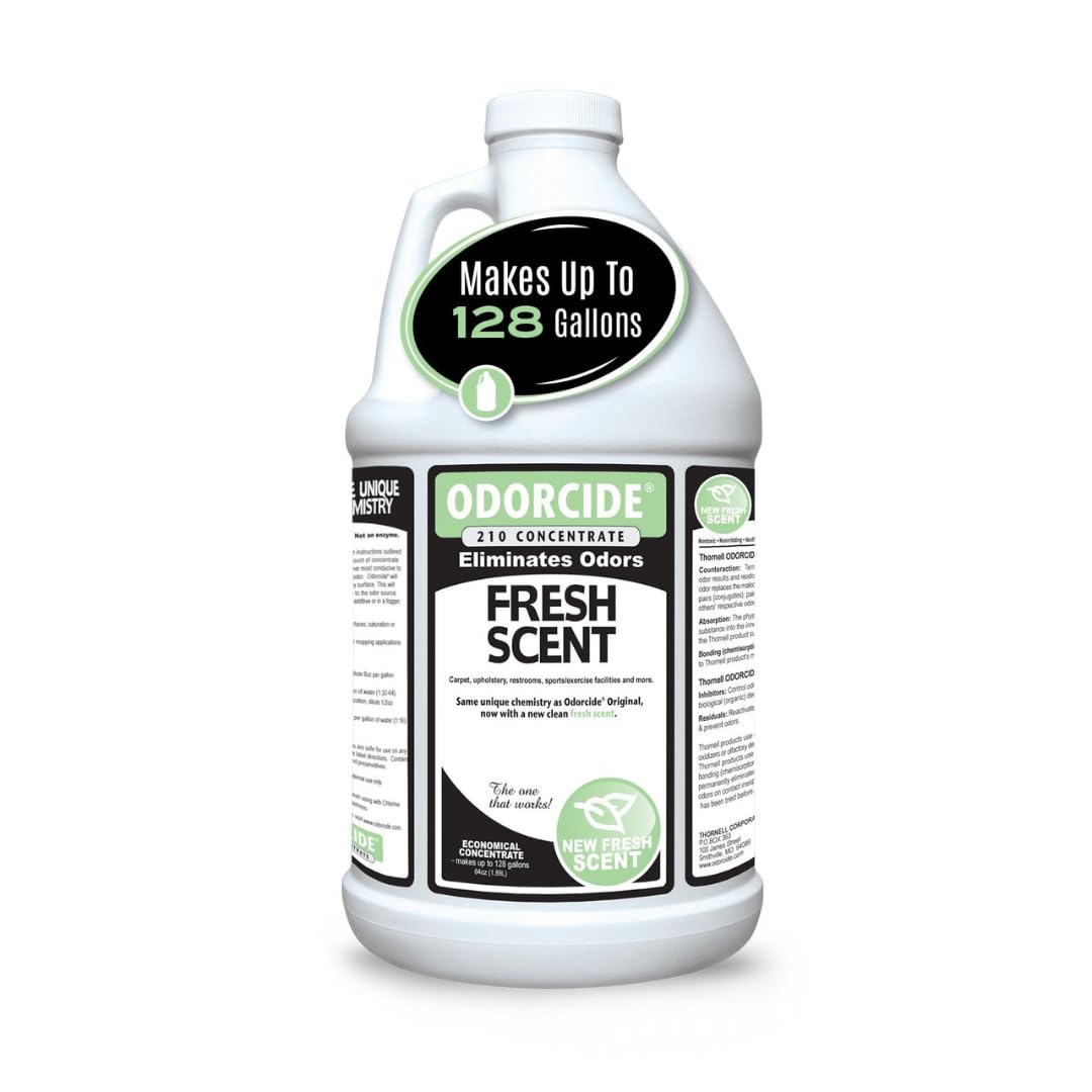 Odorcide 210 bottle pour enabling easy dilution for odor control.