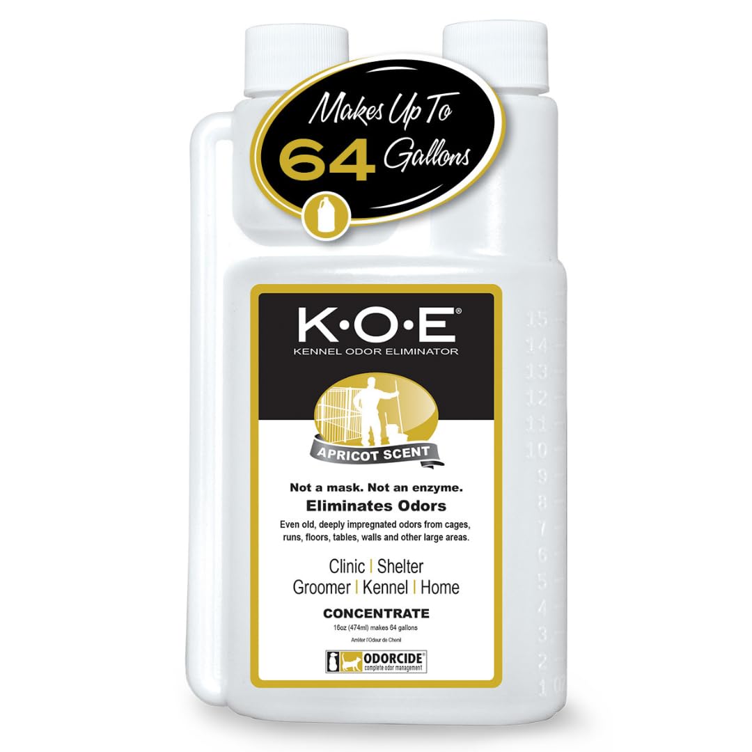 Odorcide K.O.E. apricot bottle pour enables easy dilution for large spaces