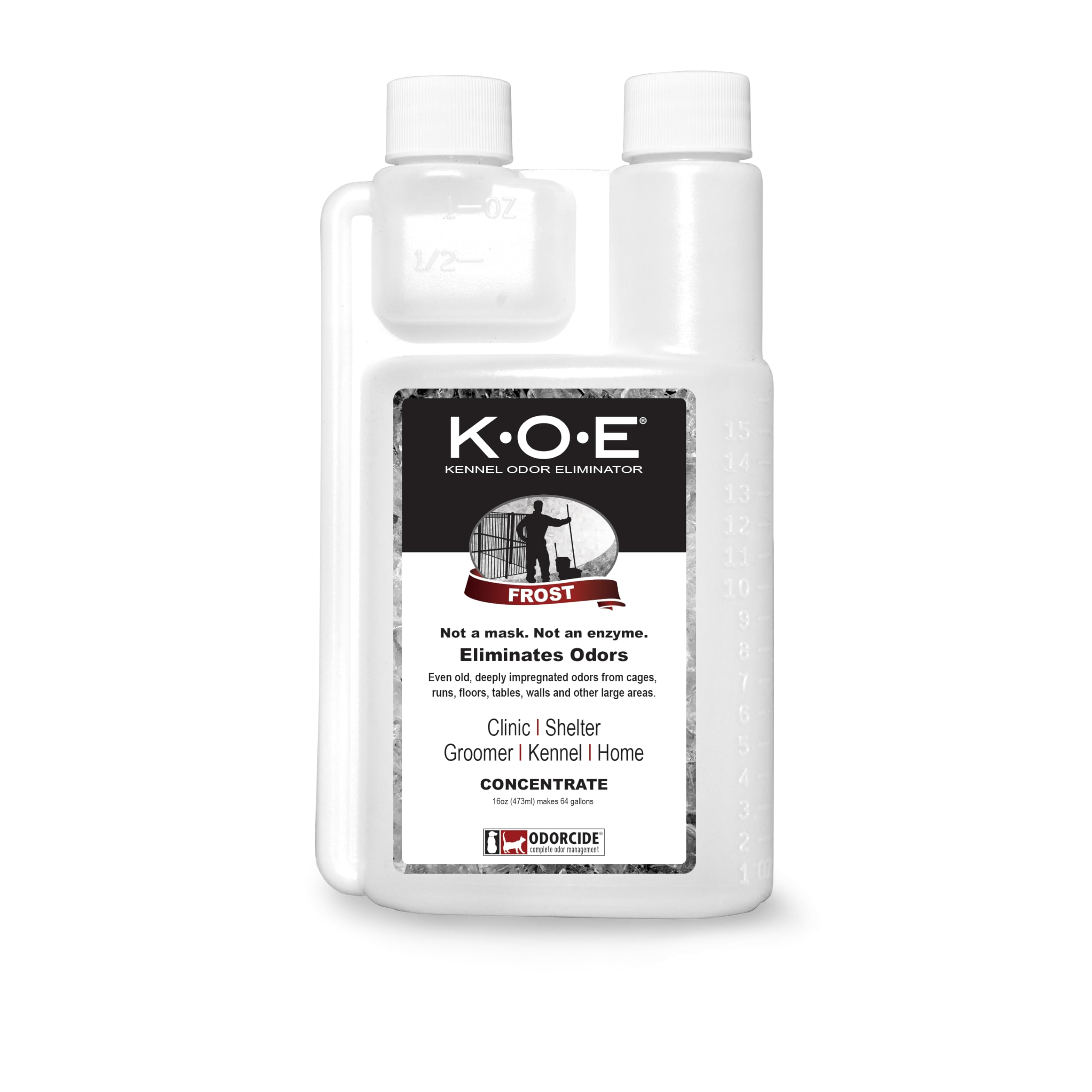 Odorcide K.O.E bottle pour showing quick dilution for odor control.