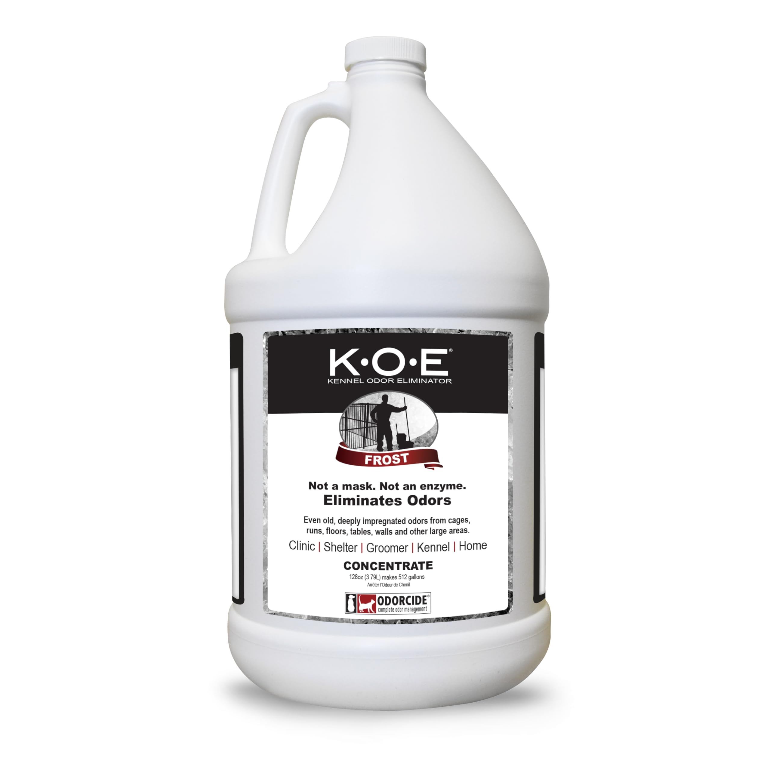 Odorcide K.O.E concentrate bottle for efficient odor control in kennels.