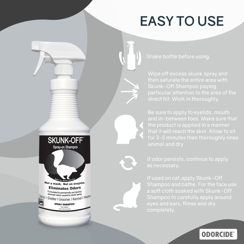 Odorcide Skunk-Off Shampoo Spray 32oz back label with safety instructions for pets.