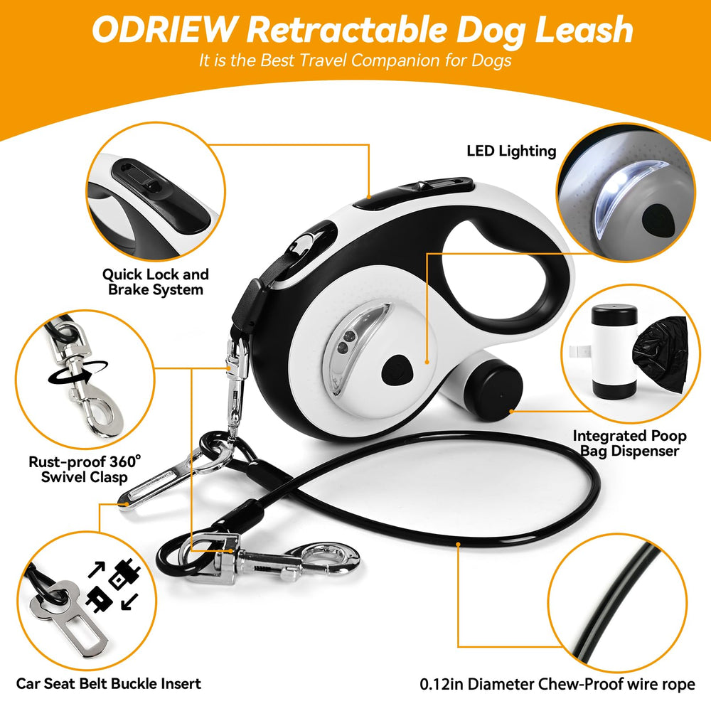 ODRIEW LED light and poop bag dispenser for night walks and quick cleanup.