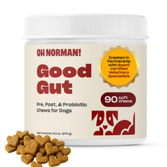 Oh Norman! probiotic chews for dogs in a bowl support digestion and daily wellness.