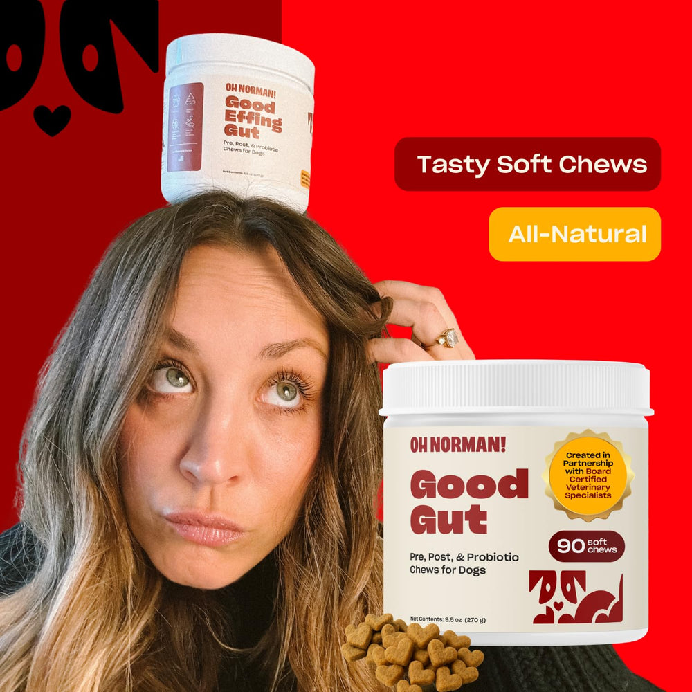 No fillers, corn-free and soy-free Oh Norman! chews suitable for sensitive tummies.