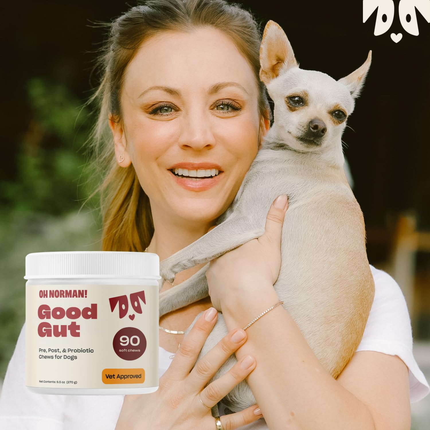 Seal of vet nutritionists on Oh Norman! probiotic chews for quality assurance.