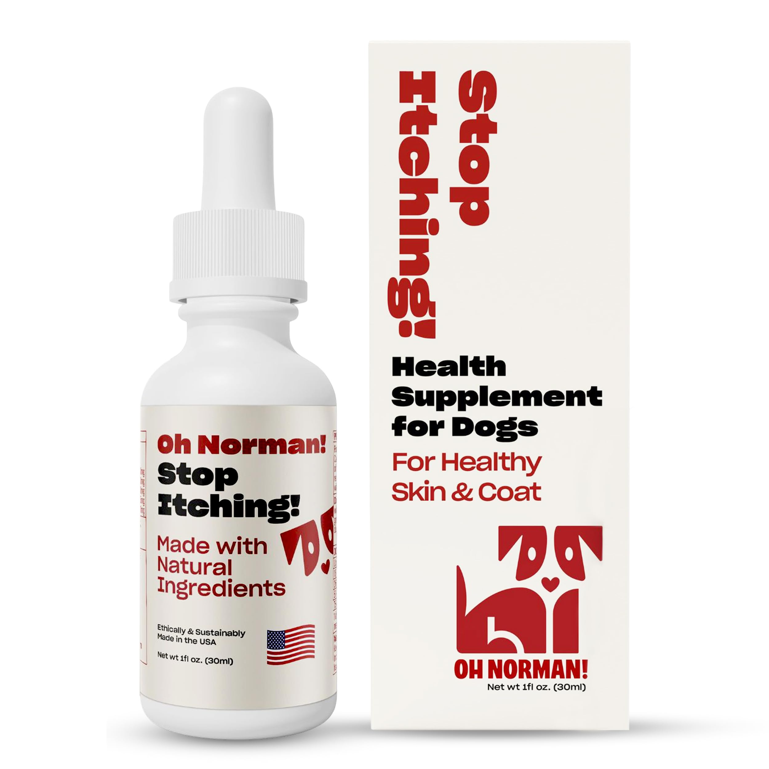 OH NORMAN! Stop Itching bottle and dropper for natural dog itch relief.