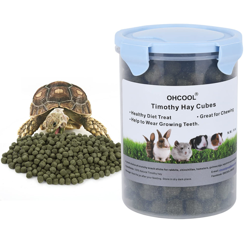 Ohcool Timothy Hay Cubes 10 oz pack in view, promoting mess-free feeding.