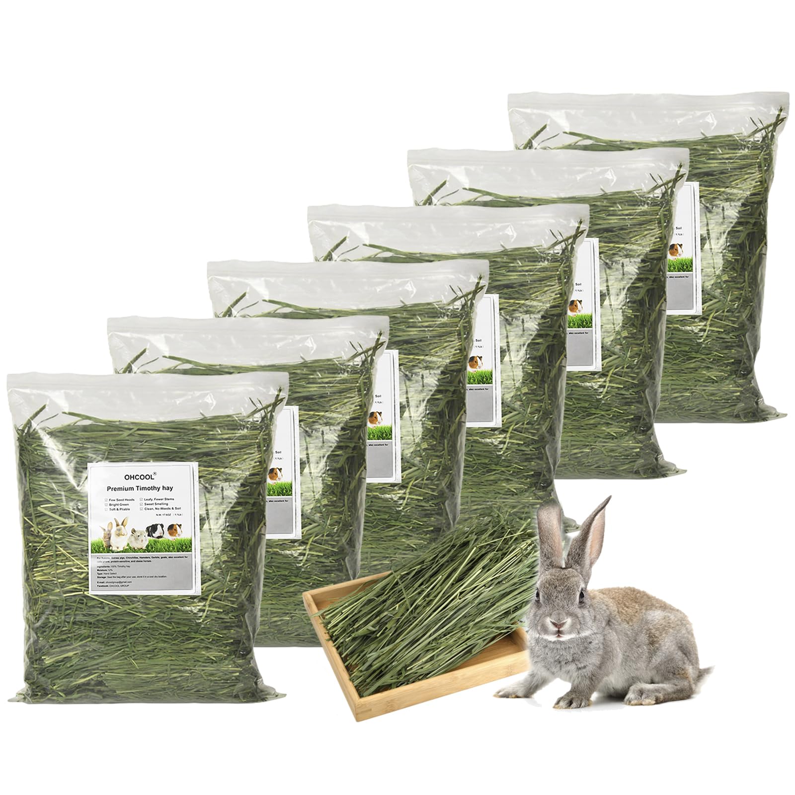 Ohcool Timothy Hay with soft leaves for rabbits and guinea pigs, promotes nibbling comfort.