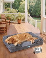 OhGeni orthopedic bed couch with bolster design provides secure, cozy rest for large pets.