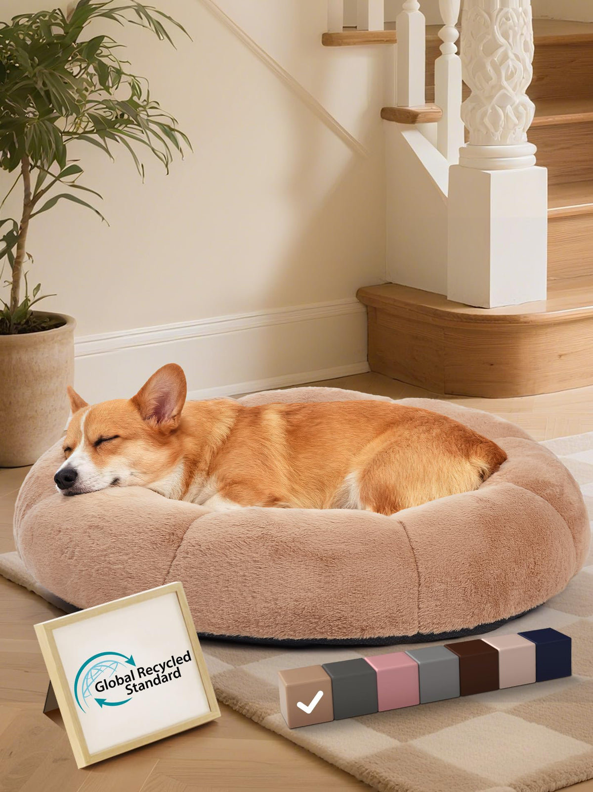 OhGeni Calming Donut Bed cover close-up highlights ultra-soft plush for cozy warmth.