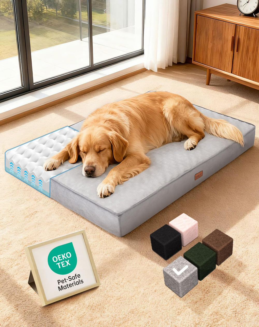 OhGeni memory foam orthopedic dog bed large gray top view showing size and shape
