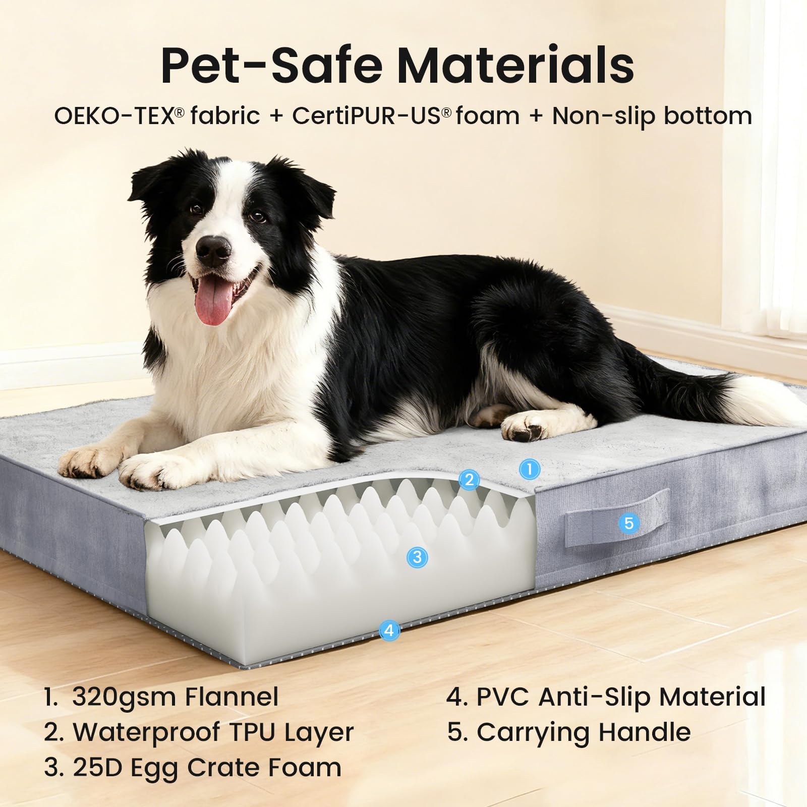 OhGeni orthopedic bed gray fabric combines durability and comfort.