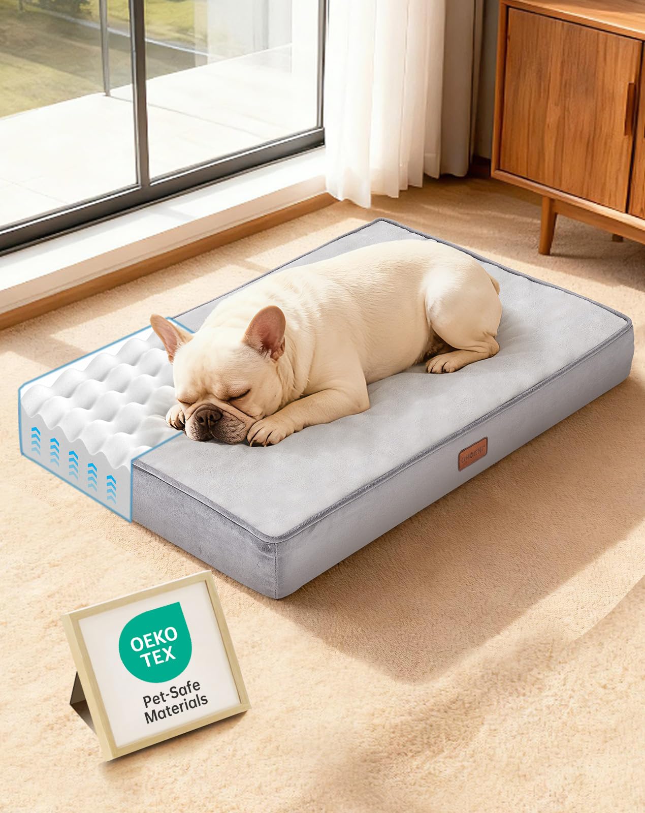 OhGeni orthopedic dog bed 30in gray top view highlights ample space for naps.