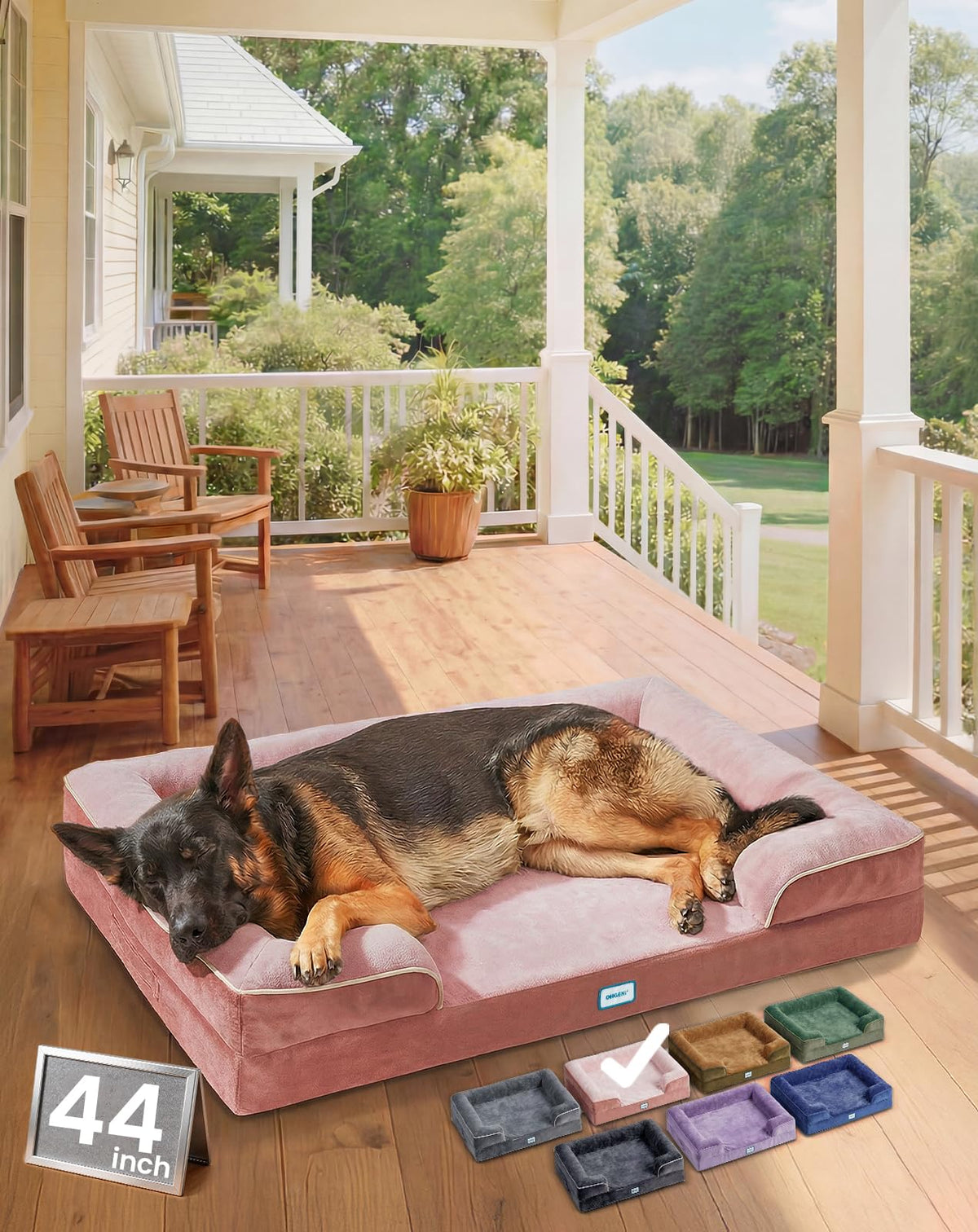 OhGeni orthopedic dog bed couch 44-inch pink with memory foam for restful nights
