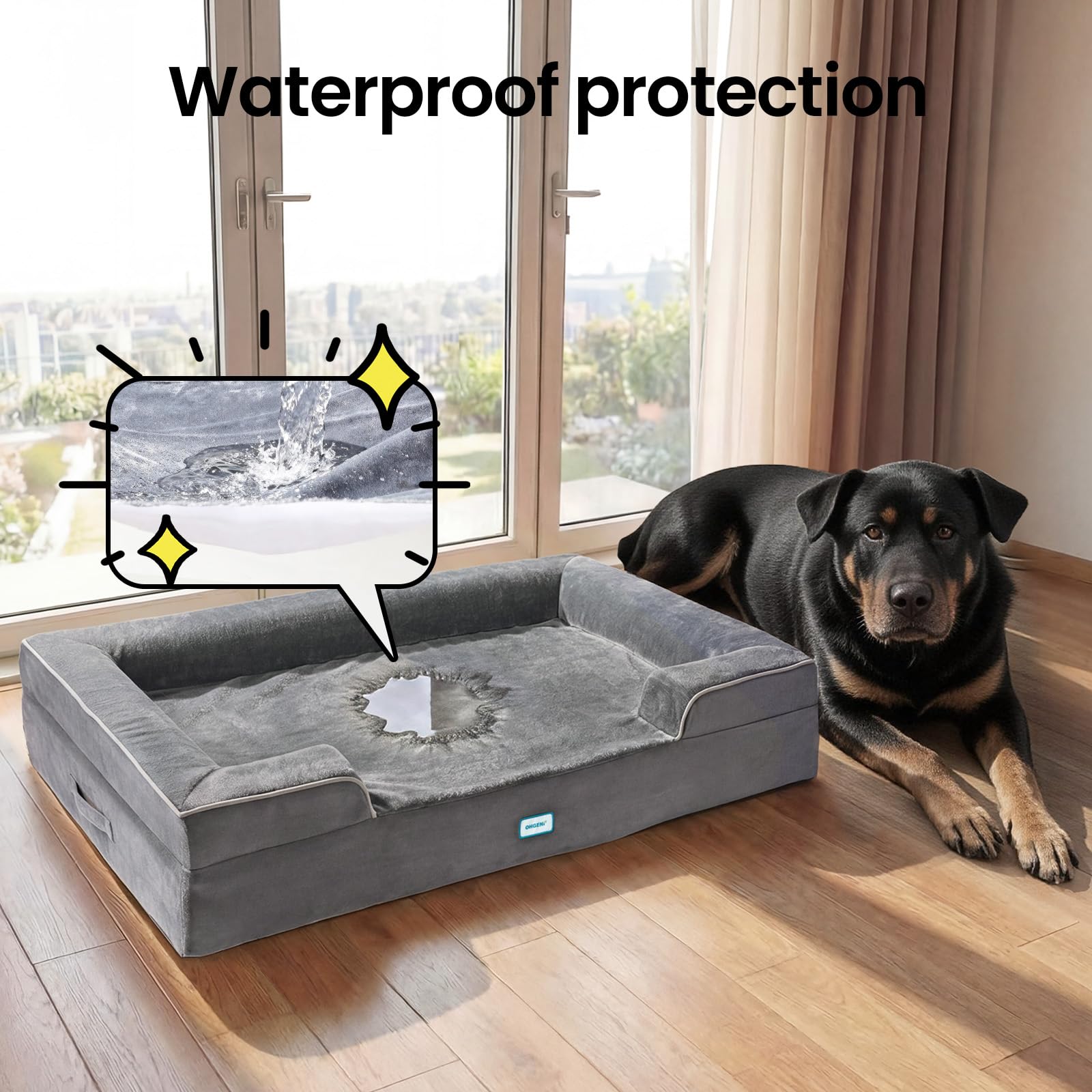 Memory foam and top layer ergonomics support larger breeds during rest.