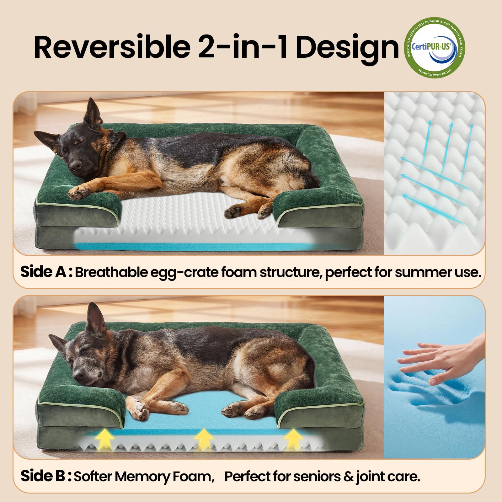 OhGeni egg-crate foam layer view on green bed for breathable support.