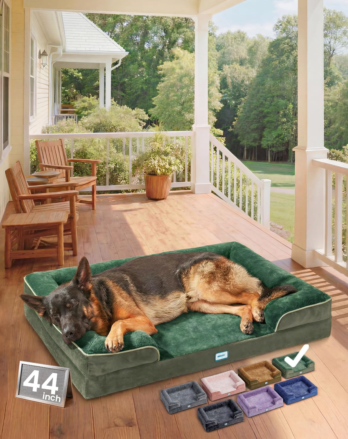 OhGeni orthopedic dog bed couch green front view, 44-inch size for large pets.