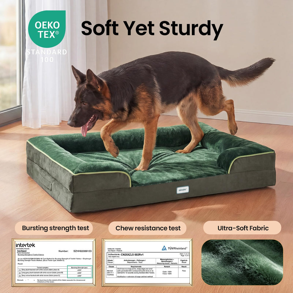 OhGeni removable cover on green bed, waterproof liner visible under plush surface.