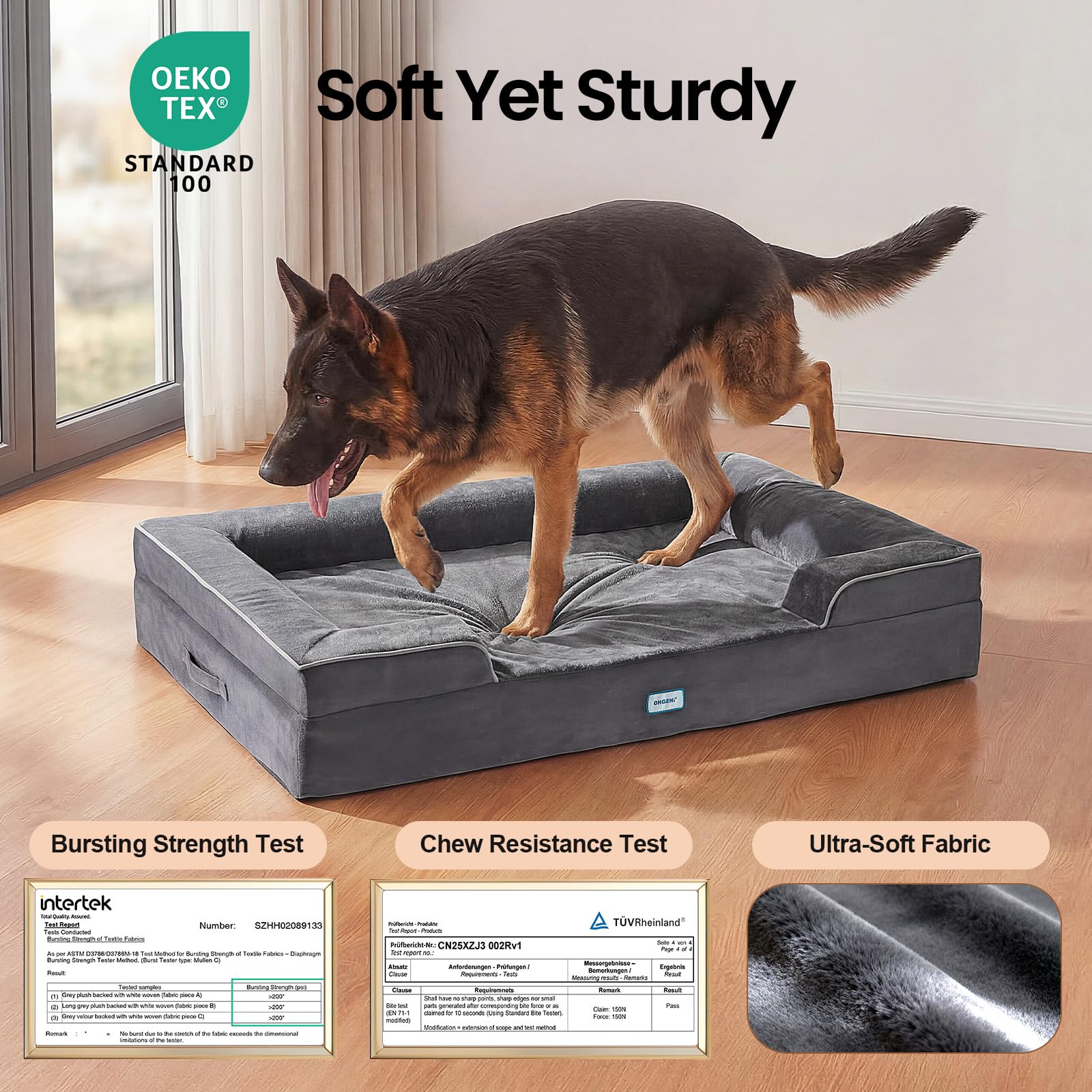 OhGeni Orthopedic Dog Bed Couch plush-surface feels soft against noses and paws.