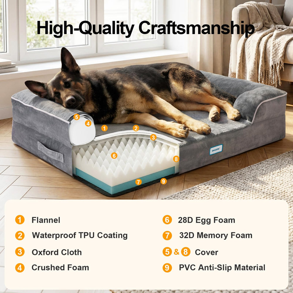 OhGeni Orthopedic Dog Bed Couch reversible-foam layer demonstrates multi-layer support.