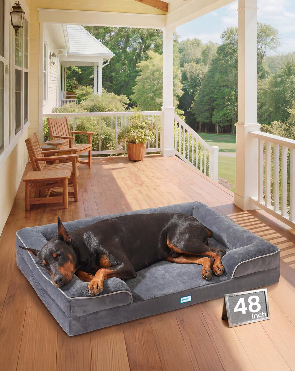OhGeni orthopedic dog bed couch 48-inch gray in full view for XXL pets offering supported comfort