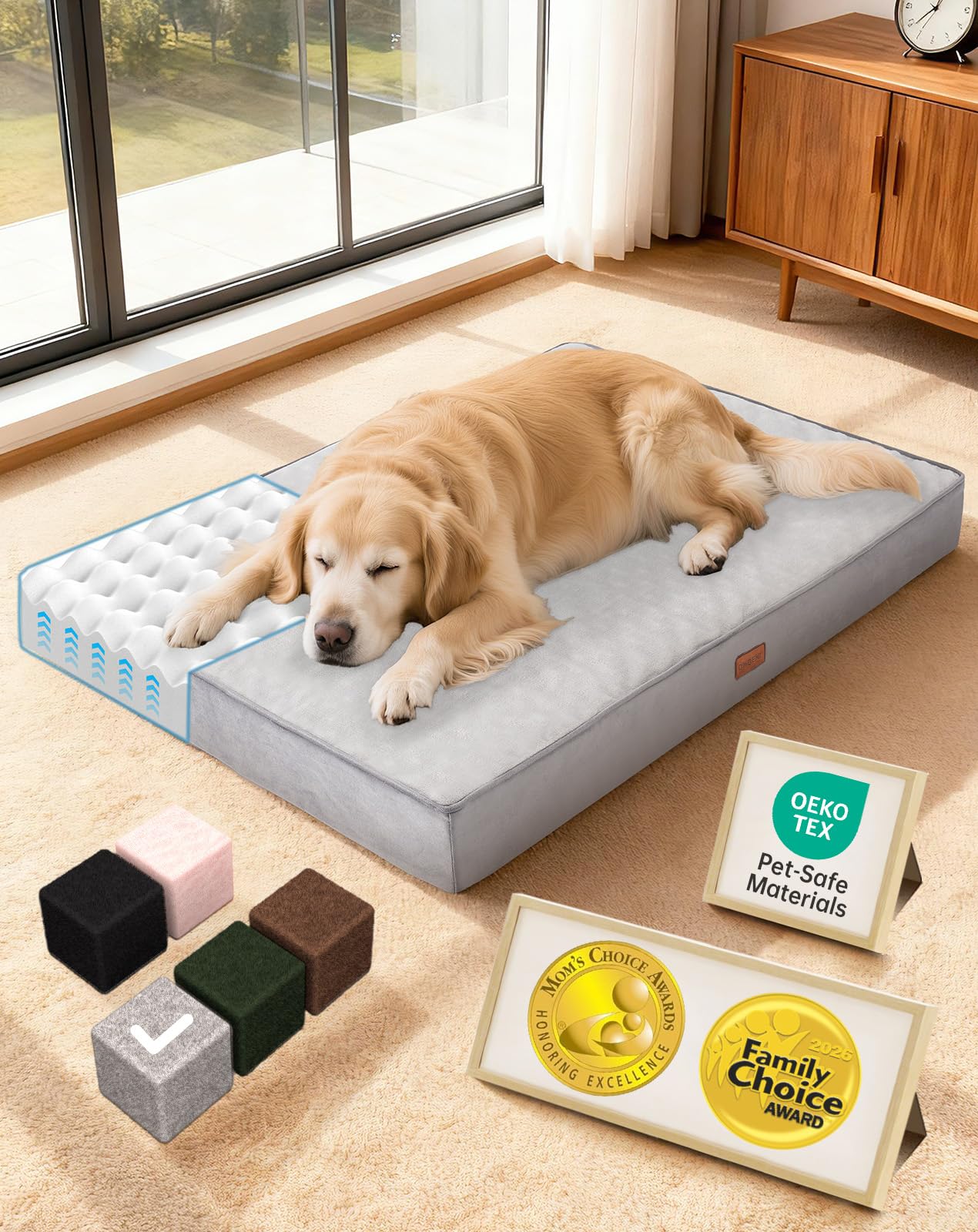 OhGeni orthopedic dog bed foam close-up highlighting supportive egg-crate design.
