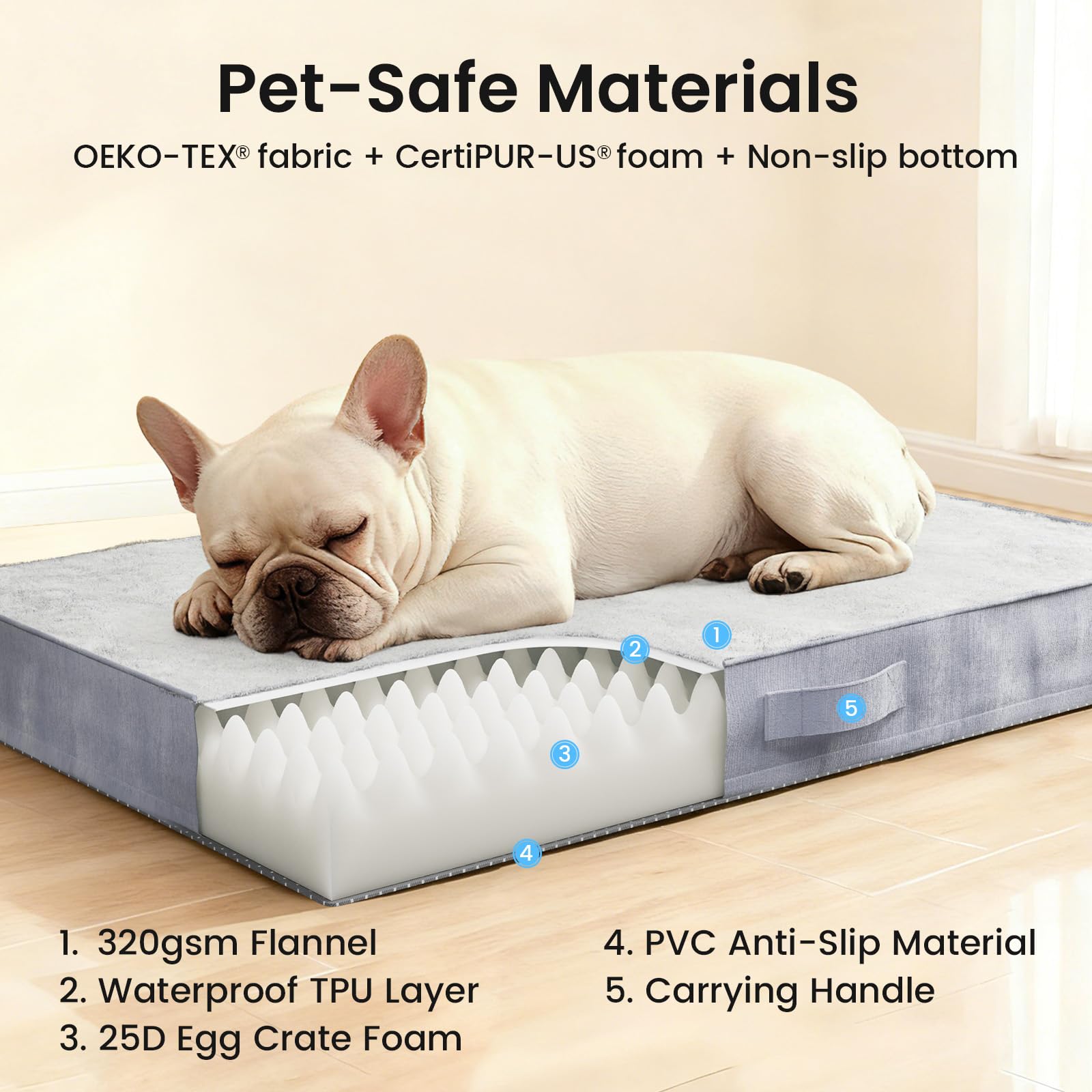 OhGeni bed gray reinforced stitching enhances durability over time.