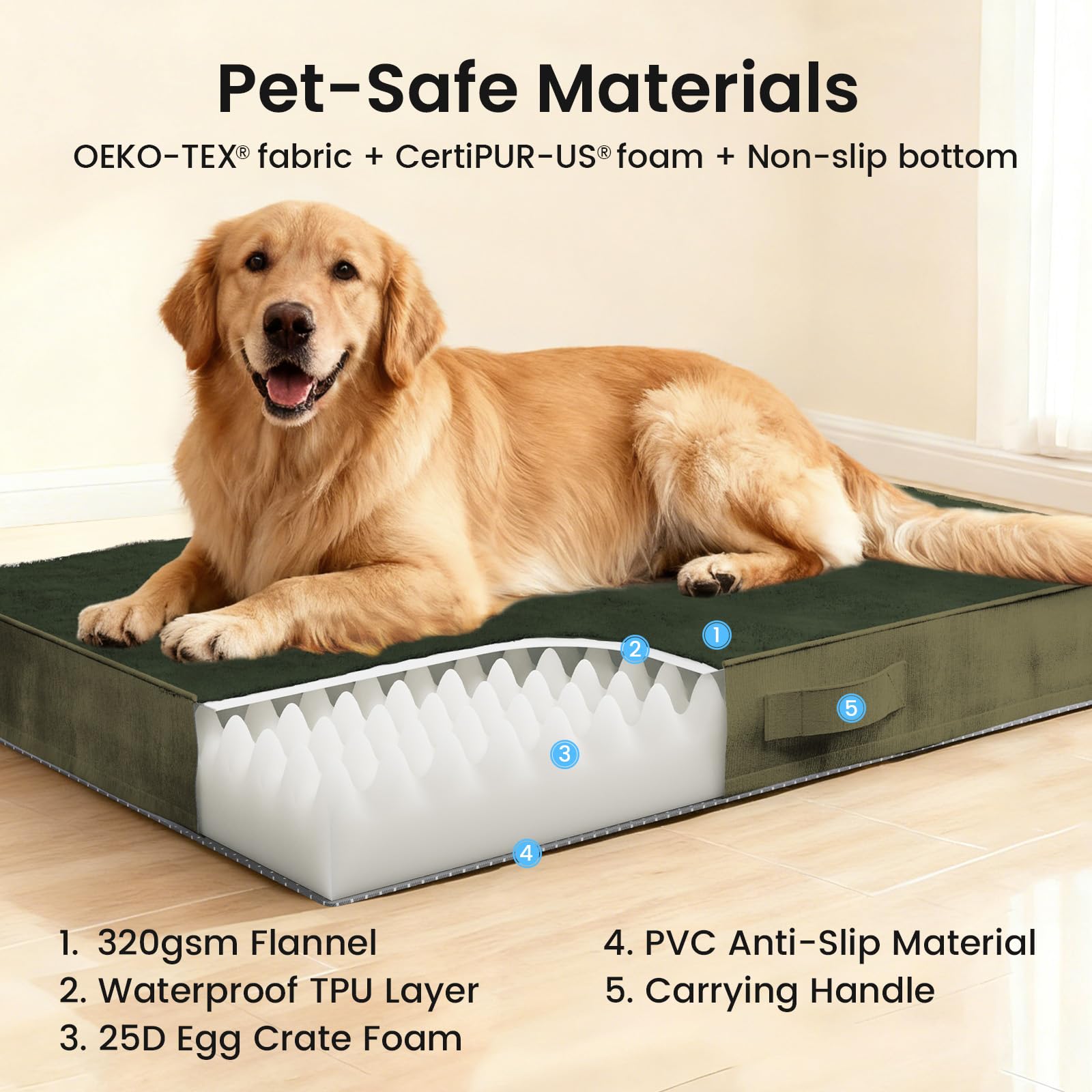 OhGeni green fabric bed offers stylish, durable nap space