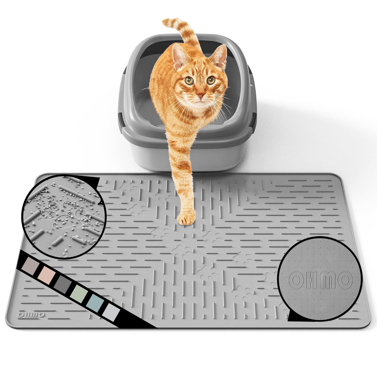 OHMO cat litter mat with anti-scatter design traps litter and protects floors.