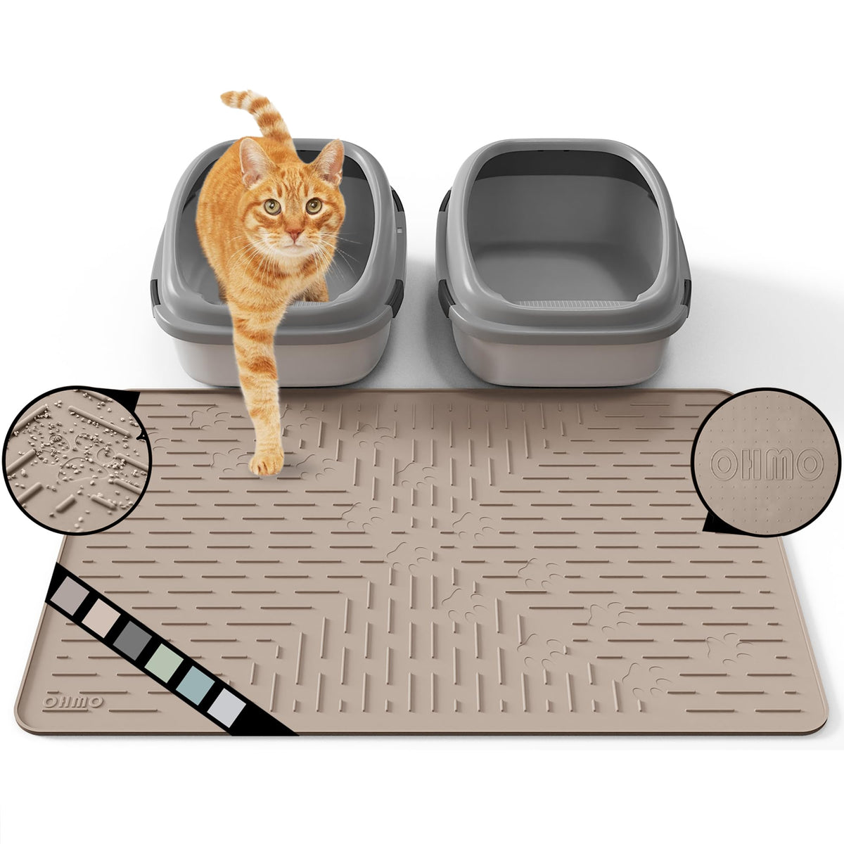 OHMO Cat Litter Mat Large beige top view showing anti-scatter design