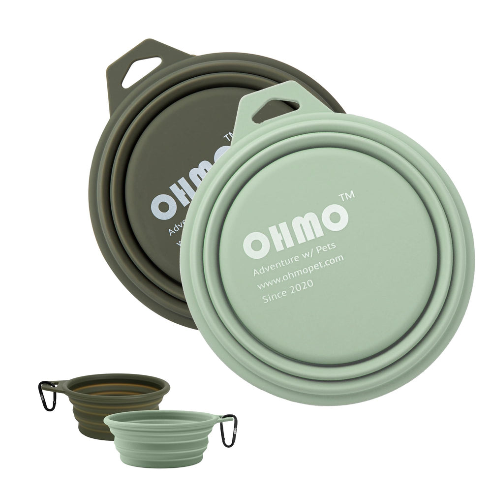 OHMO large collapsible dog bowl shown in travel-ready setup for hiking