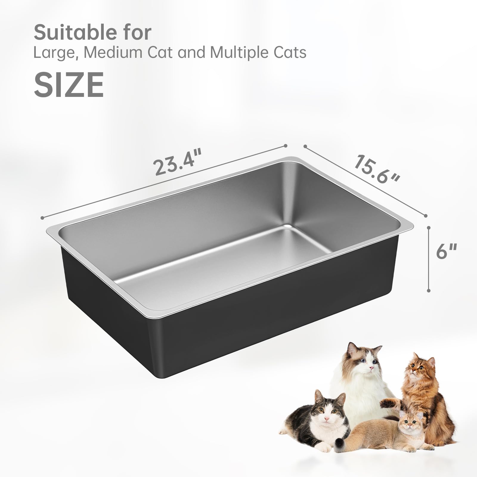Ohtomber stainless steel litter box with 6 inch high walls minimizes spill and kicks.