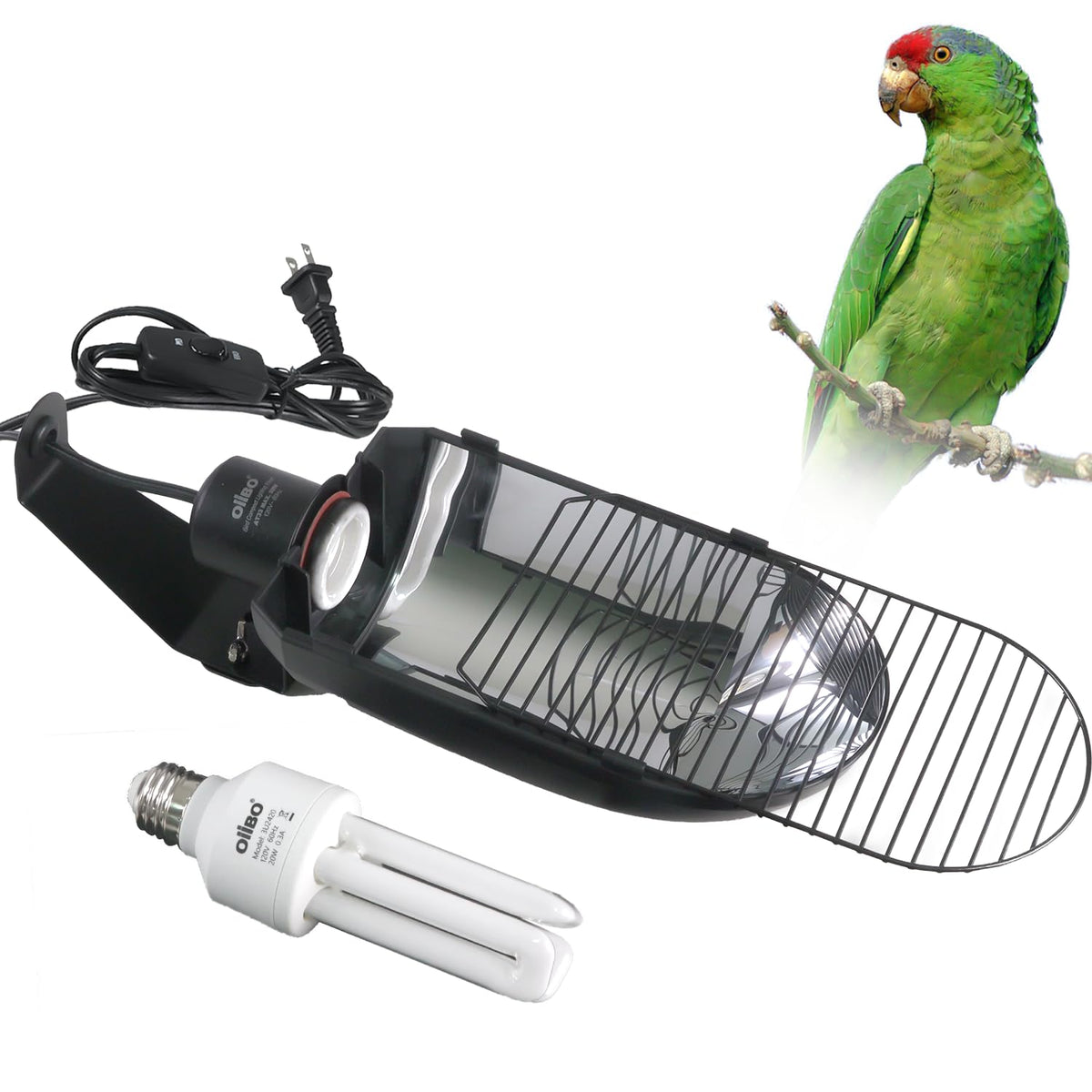 Oiibo AvianSun lamp hood casting UVB light in a bird cage for active birds.