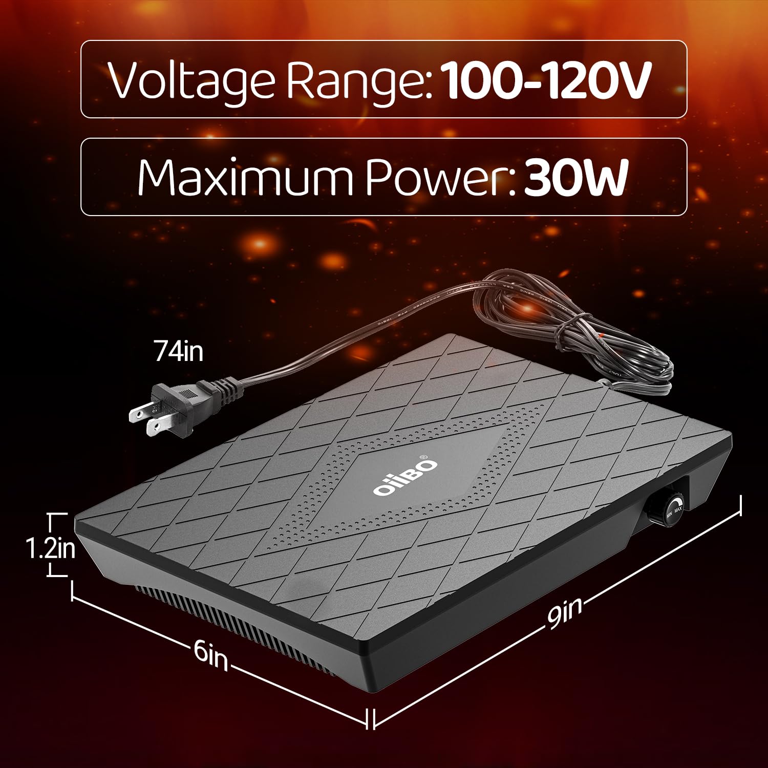 Oiibo reptile heating panel dial control illustrating adjustable heat levels.