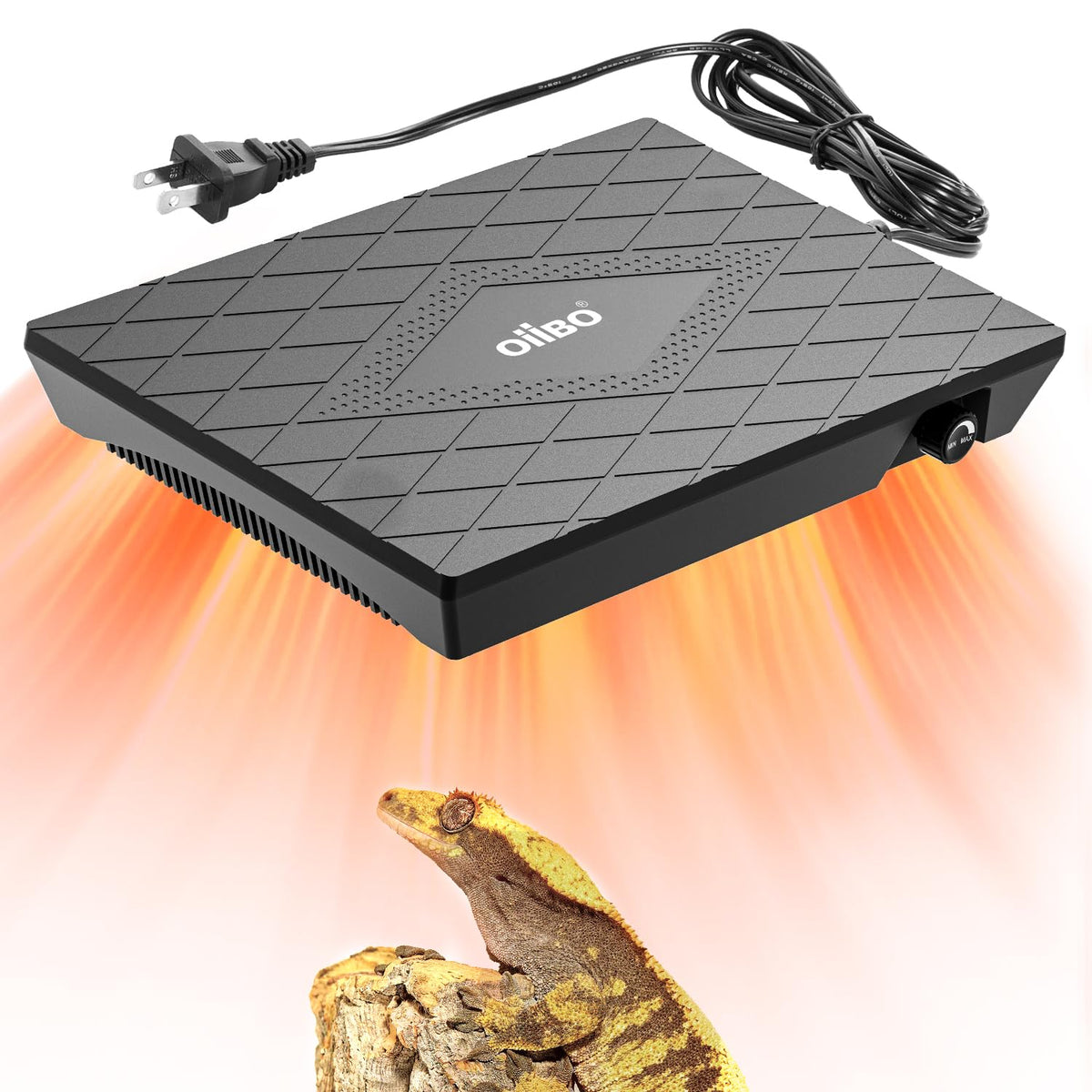 Oiibo reptile heating panel front view showing compact, terrarium-friendly design.
