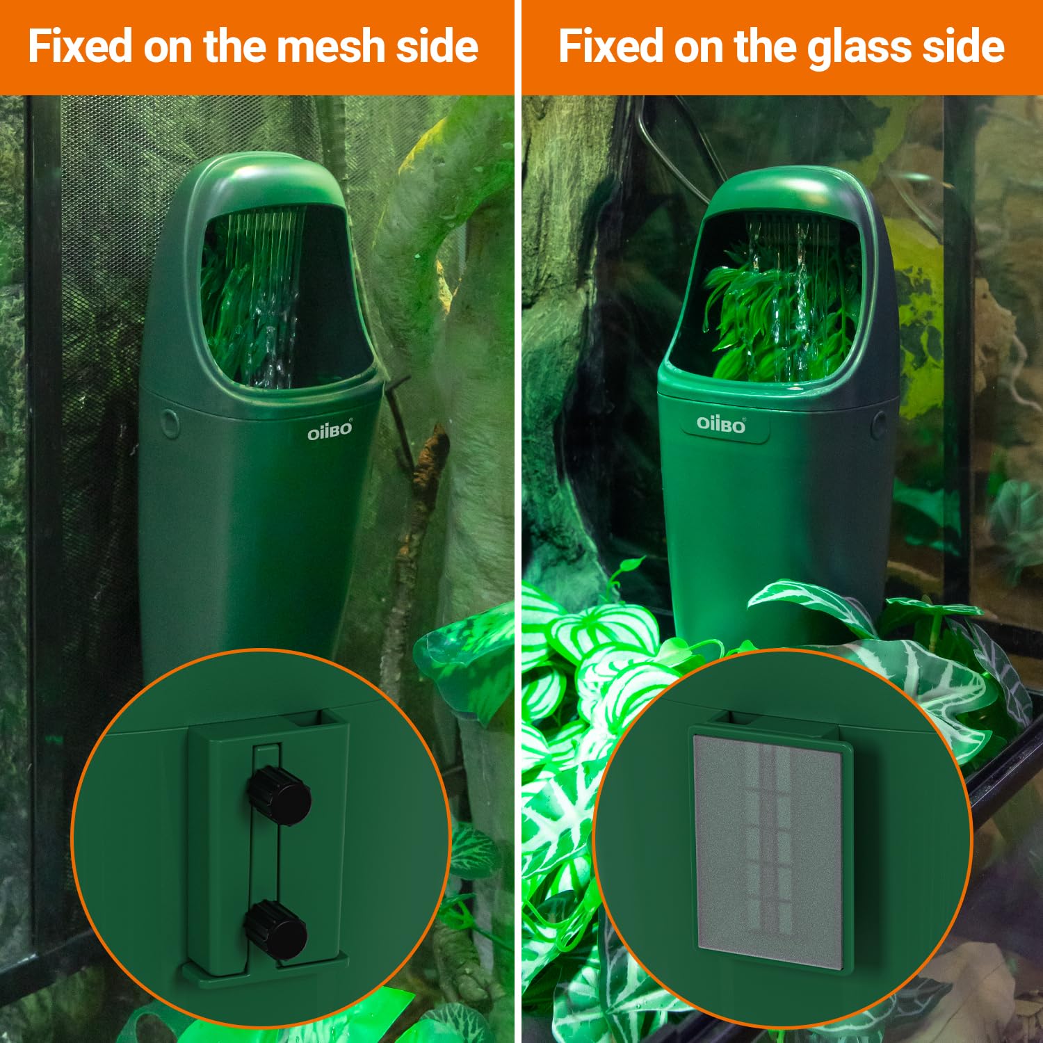 Oiibo Reptile Water Dispenser ultra quiet pump minimizes enclosure noise.