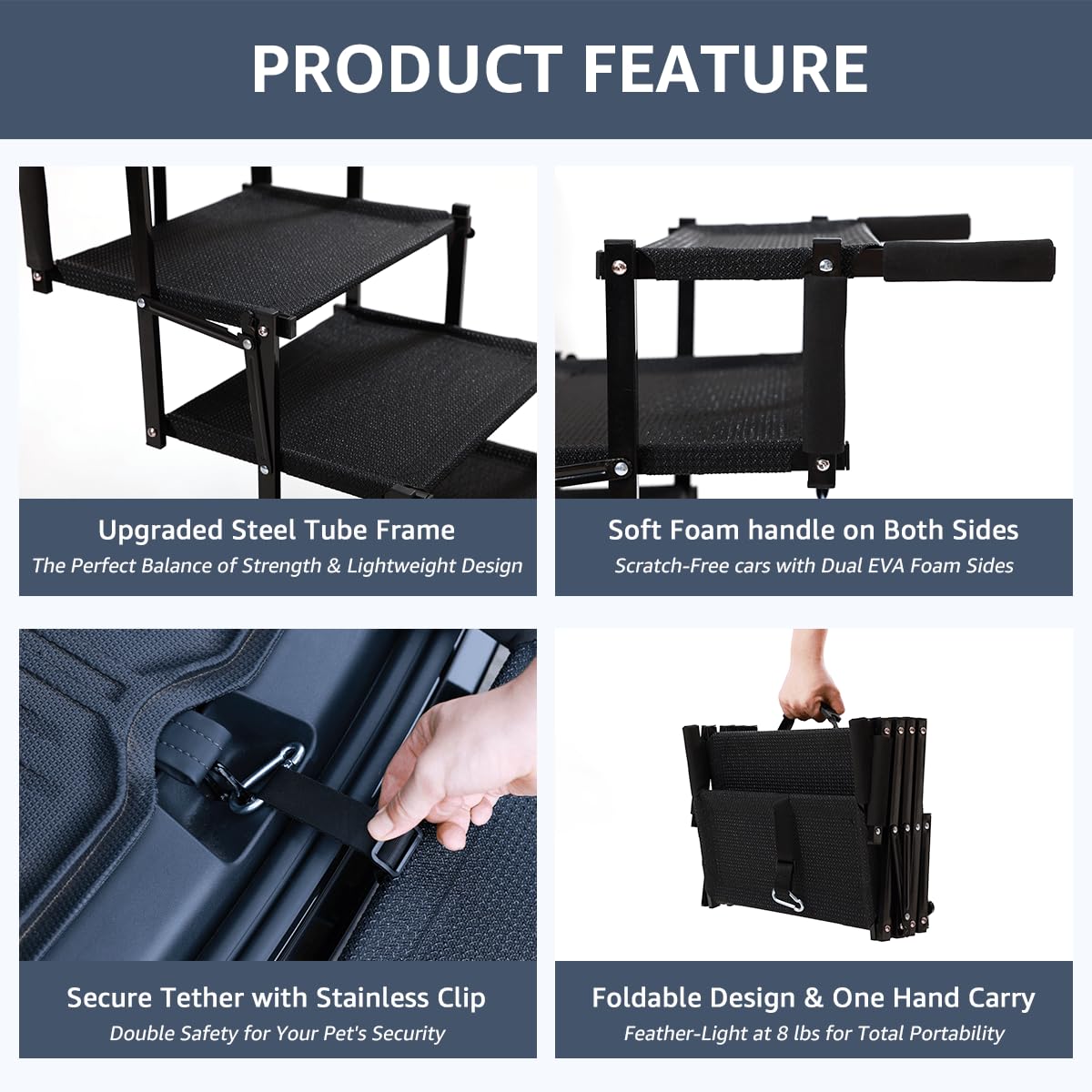 Oiilores adjustable-height stairs fit cars, trucks, and beds for flexibility.
