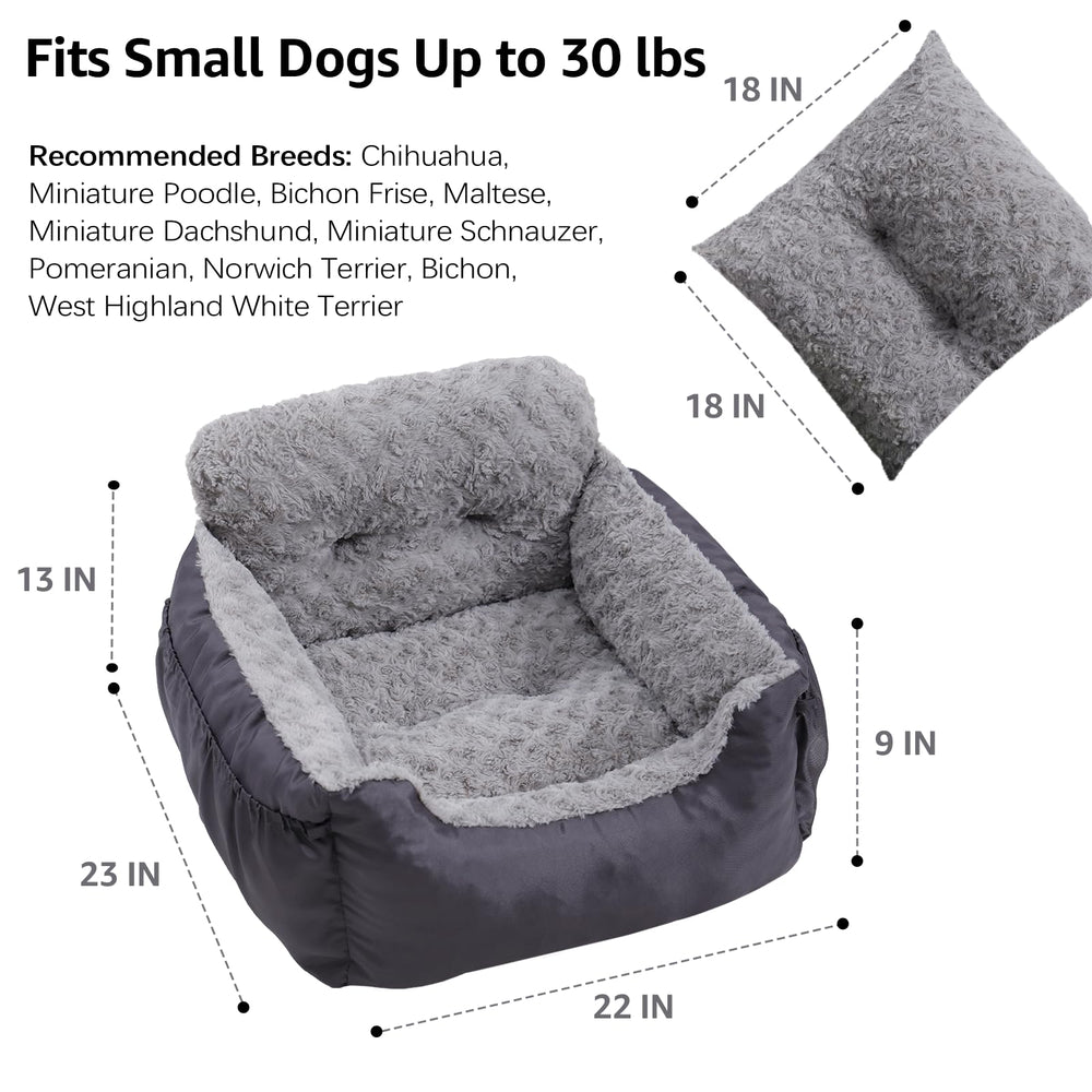 Oiilores dog car seat with side pockets for storage on trips.