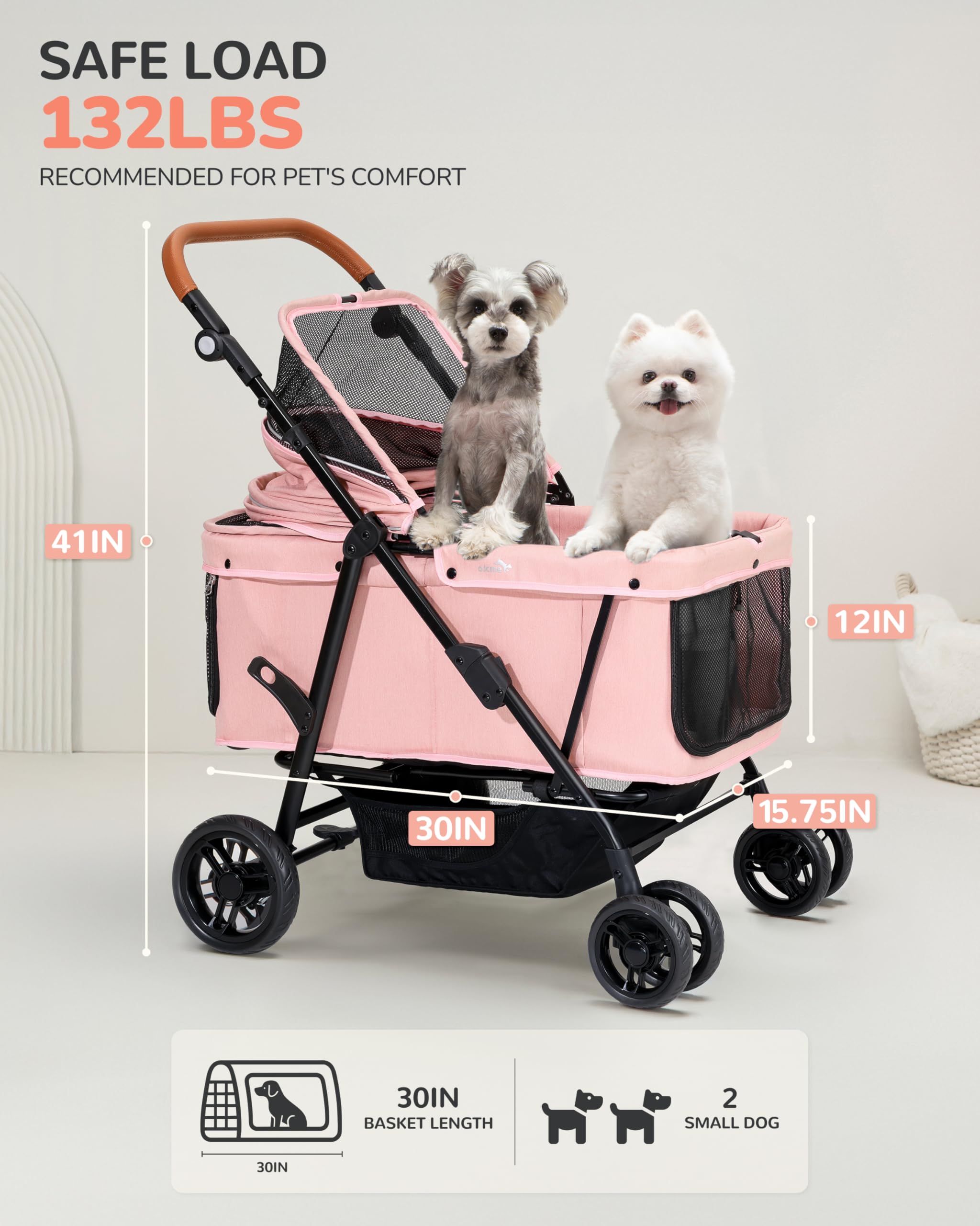 Side view of the OJCME stroller highlighting spacious interior for curled dogs