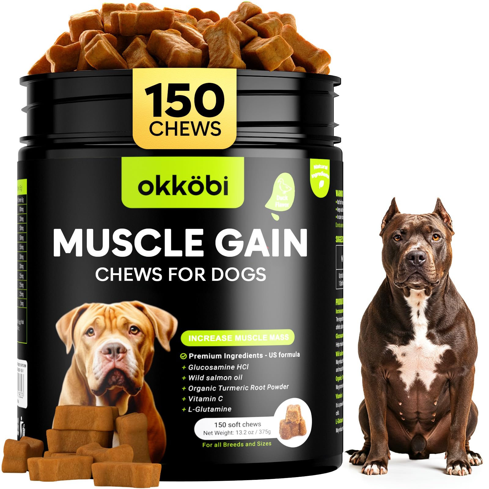 OKKÖBI 11-in-1 muscle gain chews bottle with duck flavor for dogs