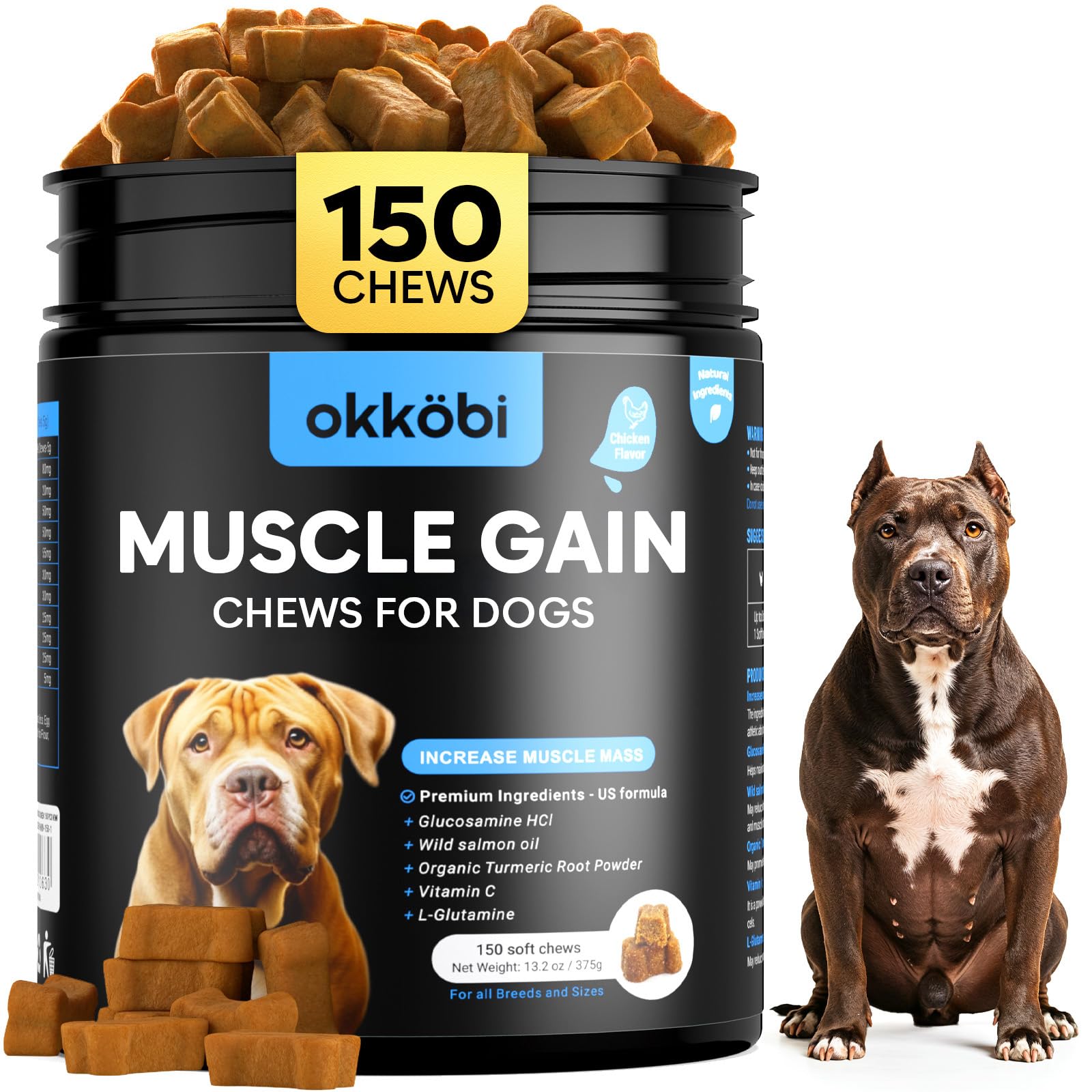 OKKÖBI 11in1 Chews bottle shows a protein-rich supplement for lean muscle support.