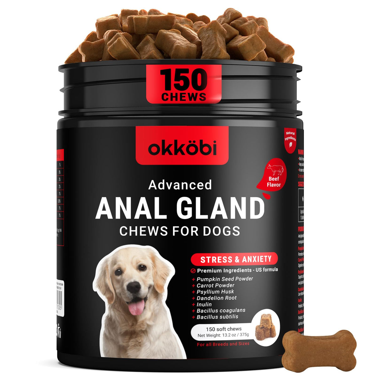 OKKÖBI Anal Gland Chews beef bottle for canine digestion support.